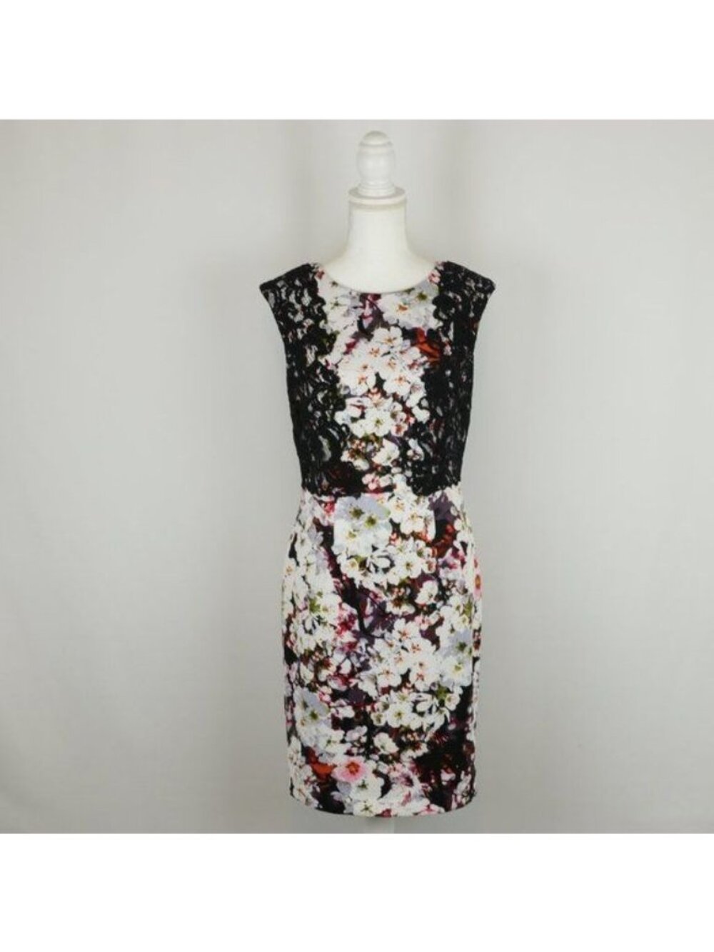 Adrianna Papell Women's Size 6 Black Cream Floral Lace Sleeveless Sheath Dress